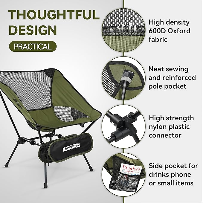 MARCHWAY Ultralight Folding Camping Chair, Heavy Duty Portable Compact for Outdoor Camp, Travel, Beach, Picnic, Festival, Hiking, Lightweight Backpacking (Green)