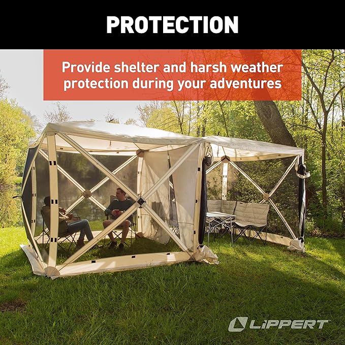 Lippert Picnic Popup Double Gazebo Tent for Camping, Patios and Easy Outdoor Shelter, 16' x 8' Breathable Mesh Screen Walls, 8-12 People, 128 Sq. Ft. Integrated Lantern Holders - 2022114836