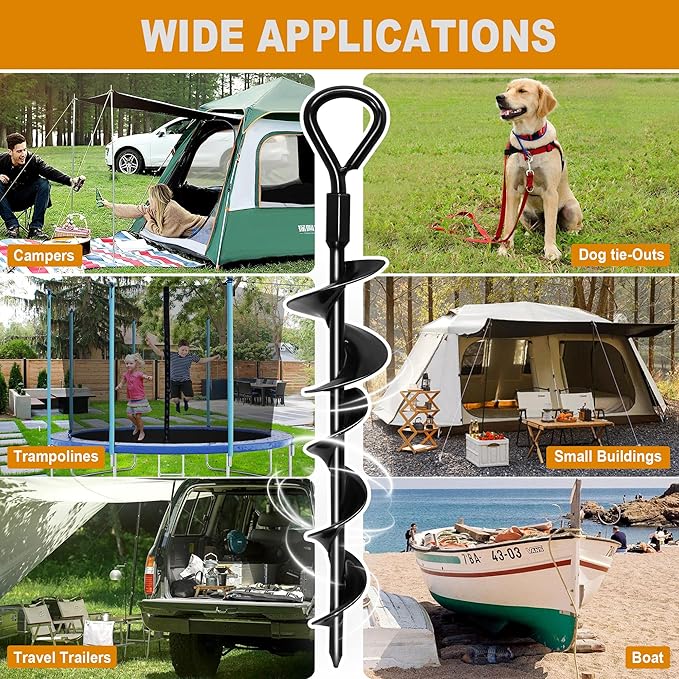 Ground Anchors Screw in 15 Inch, 4Pack Tent Stakes Heavy Duty with T-Handle Hex Wrench and Power Nut Driver