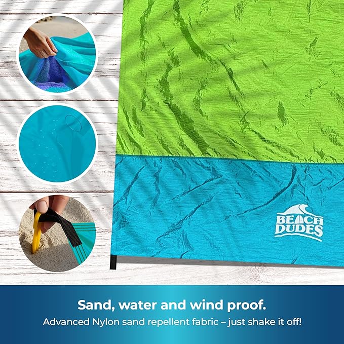 Sandproof Waterproof Beach Blanket Extra Large 108"x 84", Mat for Family, Quick Dry Ripstop Nylon Lightweight, Compact for Travel, Picnic, Camping w/ 4 Anchor Stakes and Carry Bag