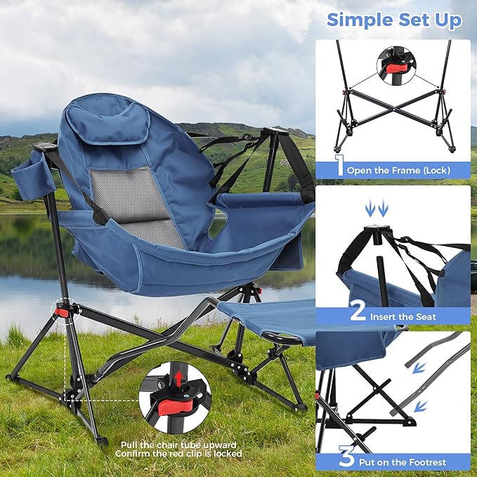 Ainfox Hammock Camping Chair with Footrest, Heavy Duty Foldable Portable Rocking Hammock Chairs Outside Swinging Camp with Cup Holder Pillow for Outdoor Patio Poolside Black Dark Blue