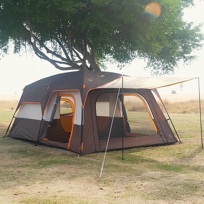 KTT Extra Large Tent 6-10-12-14 Person(Style-B),Family Cabin Tents,2 Rooms,3 Doors and 3 Windows with Mesh,Straight Wall,Waterproof,Double Layer,Big Tent for Outdoor,Picnic,Camping,Family Gathering