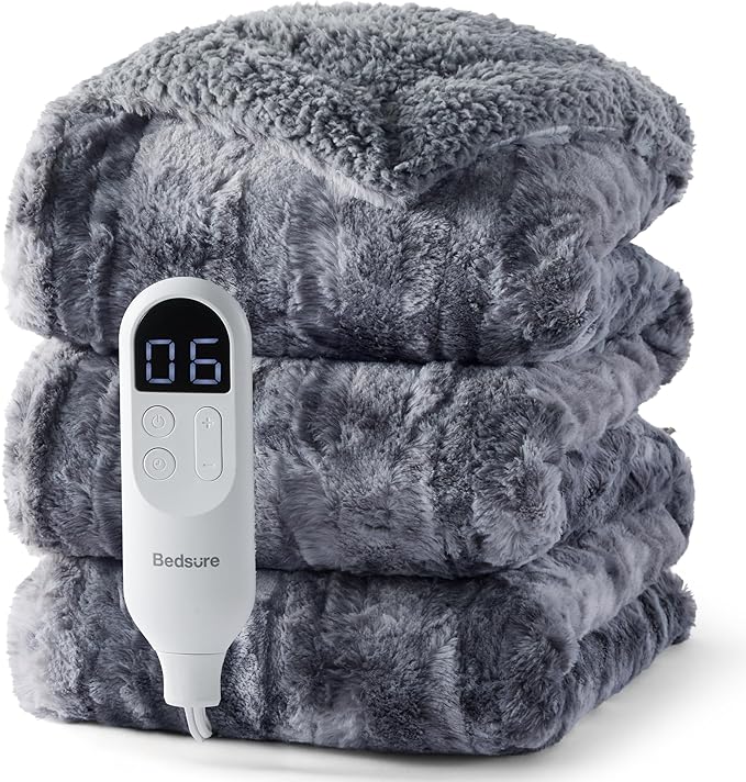 Bedsure Faux Fur Heated Blanket Full Size, Fast Heating Electric Blanket Full Size with 6 Heating Levels & 10 Time Settings, Cozy Gifts for Women Men (72x84 inches, Grey)