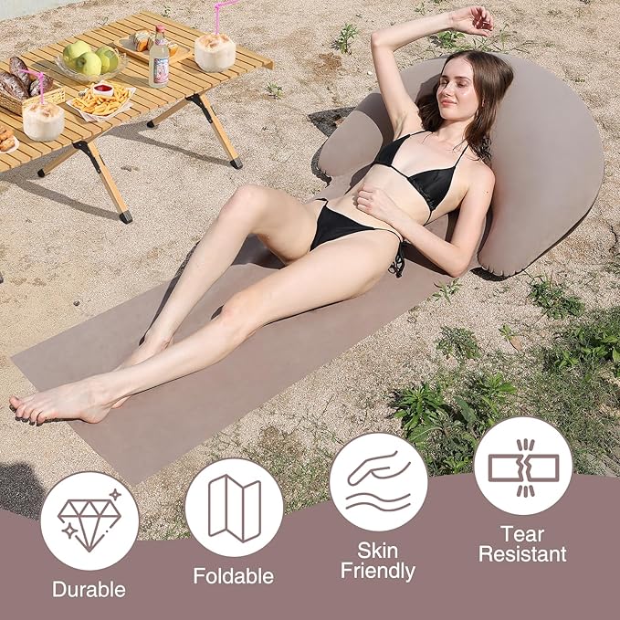 Beach mat with Inflatable Pillow, Portable mat, 70X30Inch (Khaki)