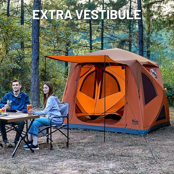 TIMBER RIDGE Instant Pop Up Hub Tent, 4 Person Portable Weather Resistant Camping Tent, 60 Second Set-Up, Easy Up Tents with Rain Fly and Carry Bag, Orange