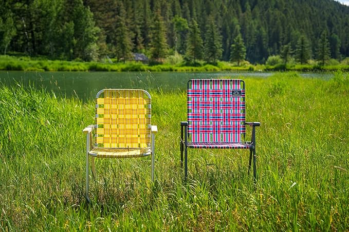 MOUNTAIN SUMMIT GEAR Retro Webbed Camping Chair - Lightweight, Foldable, Durable Steel Frame, 300lb Capacity, Vintage Red/Blue Stripes by Caddis Sports