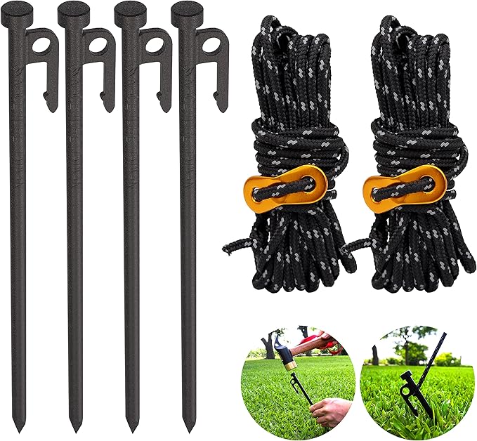 Heavy Duty Tent Stake 12 Inch 4 Pack with Camp Rope Guy Lines, Yard Stakes for Canopy, Camping Stakes for Ground, Tent Pegs Thickened Reinforced Nail Heads