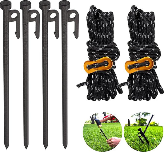 Heavy Duty Tent Stake 12 Inch 4 Pack with Camp Rope Guy Lines, Yard Stakes for Canopy, Camping Stakes for Ground, Tent Pegs Thickened Reinforced Nail Heads