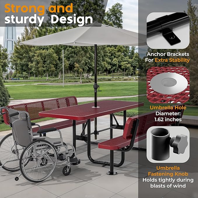 Metal Picnic Furniture for Outdoors with Umbrella Hole - Coated Steel Heavy Duty Commercial Grade Table with Adjustable Seats, Patio Set for a Lifetime (Red, 6' Rectangular with Back)