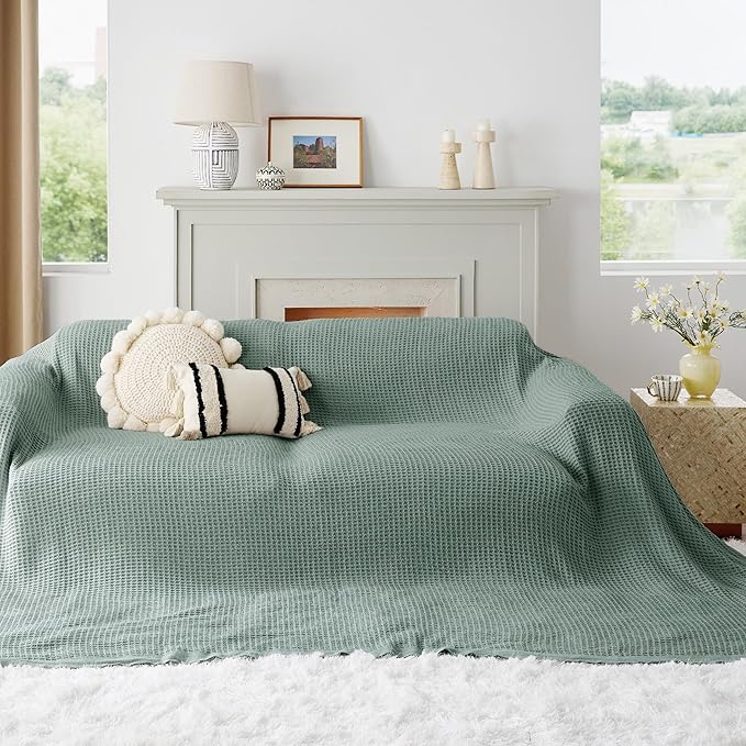 Bedsure Gentlesoft 100% Cotton Large Blanket Oversized King for Bed - Breathable Thick Waffle Weave Blanket for Summer, Couch Cover, Sage Green, 120x94 inches