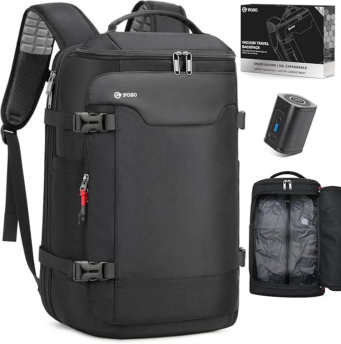 POSO P Vacuum Backpack Travel, Expandable Vacuum Seal Compression Backpack with Pump, Laptop Compartment, Water-Resistant Business Carry-On Backpack Valentine's Day Gifts for Men Travel Weekend