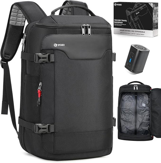 POSO P Vacuum Backpack Travel, Expandable Vacuum Seal Compression Backpack with Pump, Laptop Compartment, Water-Resistant Business Carry-On Backpack Valentine's Day Gifts for Men Travel Weekend