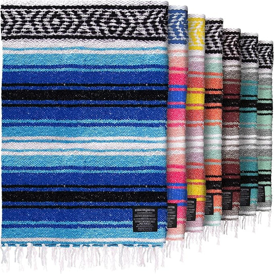 Authentic Extra Large Mexican Blanket - Handwoven Yoga, Serape, Artisanal Falsa, Beach, Camping, Picnic, Outdoor Blanket (King Turquoise)