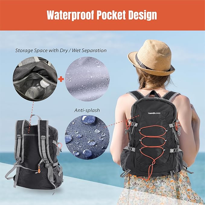 TREKOLOGY 30L Waterproof Lightweight Backpack – Foldable, Durable Daypack for Men & Women with Chest Strap & Multiple Compartments – Compact, Comfortable, Ideal for Hiking, Camping, Travel & Outdoors