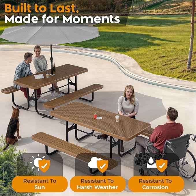 Metal Picnic Furniture for Outdoors with Umbrella Hole - Coated Steel Heavy Duty Commercial Grade Table with Adjustable Seats, Patio Set for a Lifetime (Brown, 6' Rectangular)