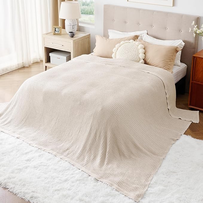 Bedsure Gentlesoft 100% Cotton Large Blanket Oversized King for Bed - Breathable Thick Waffle Weave Blanket for Summer, Couch Cover, Khaki (a Little Bit Yellow), 120x94 inches