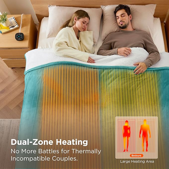 Bedsure Electric Blanket Queen Size - Dual Control Heated Blanket Queen, Fast Heating with 10 Time Settings & 10 Heat Settings, Warm Gift for Grandma (84x90 inches, River Blue)