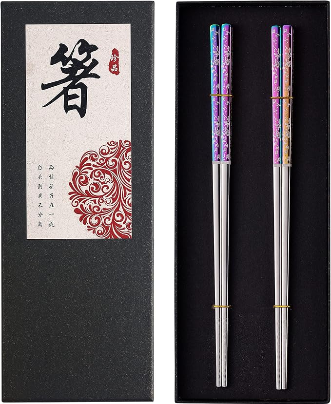 Metal Chopsticks, Reusable Dazzling Rainbow Stainless Steel, Titanium Plated, Non-slip, Dishwasher Safe, Eco-friendly, 2 Pairs Gift Set