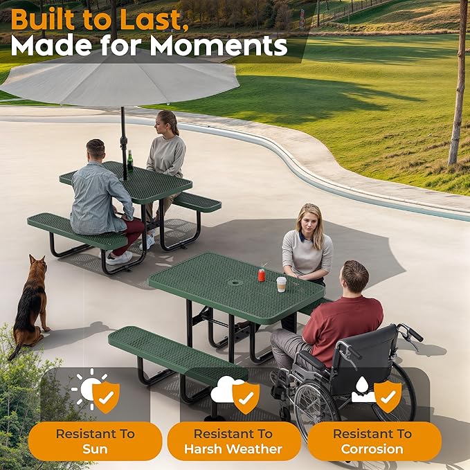 Metal Picnic Furniture for Outdoors with Umbrella Hole - Coated Steel Heavy Duty Commercial Grade Table with Adjustable Seats, Patio Set for a Lifetime (Green, 4' Rectangular)