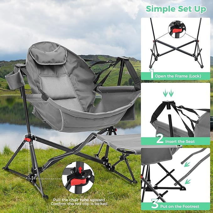 Ainfox Hammock Camping Chair with Footrest, Heavy Duty Foldable Portable Rocking Hammock Chairs Outside Swinging Camp with Cup Holder Pillow for Outdoor Patio Poolside Grey 2 Pack