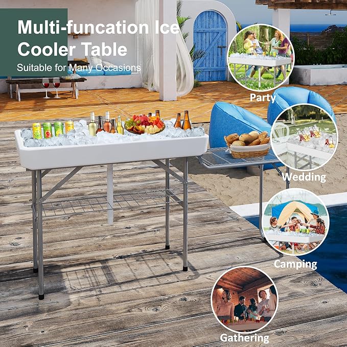 Ice Cooler Table with Led Light, 4 Foot Outdoor Ice Table with Foldable Extension Stand, Matching Skirt & Drain Hose, Folding Cooler Tables with Metal Shelf for Party, BBQ, Camping Picnic