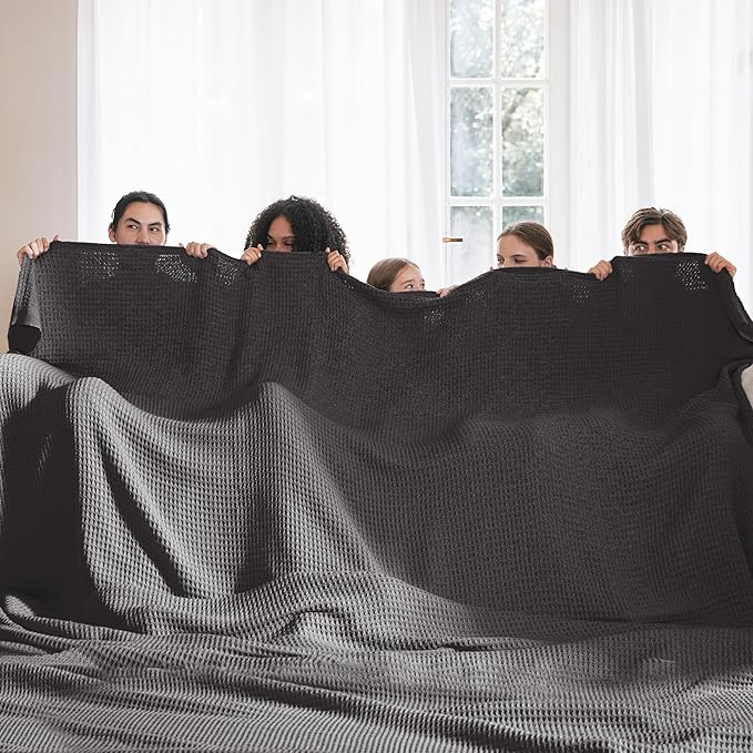 Bedsure Gentlesoft 100% Cotton Large Blanket Oversized King for Bed - Breathable Thick Waffle Weave Blanket for Summer, Couch Cover, Dark Grey, 120x94 inches