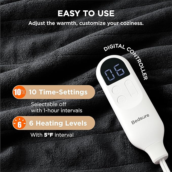 Bedsure Electric Blanket Twin - Soft Flannel Heated Blanket, Fast Heating with 10 Time Settings & 6 Heat Settings, Warm Gift for Grandma (62x84 inches, Black)
