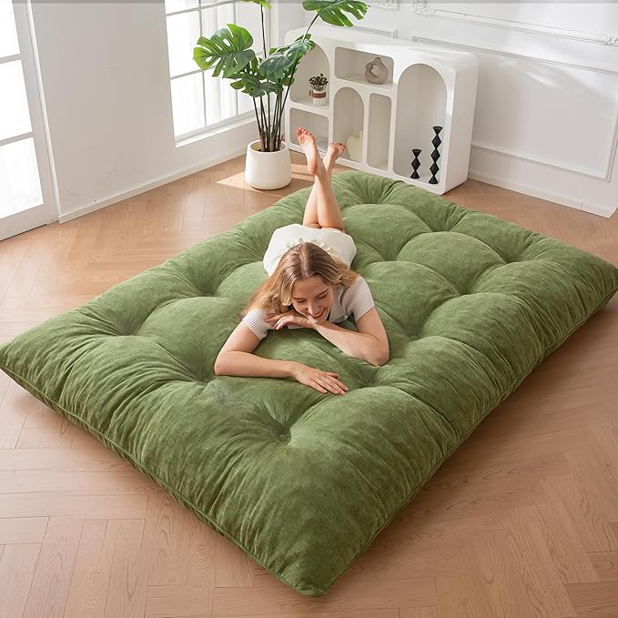 MAXYOYO Floor Mattress Full Size, 6" Chenille Japanese Futon Mattress Foldable Floor Bed for Adults Tufted Roll Up Floor Couch Bed, Tatami Mat Sleeping Pad for Living Room, Bedroom, Green