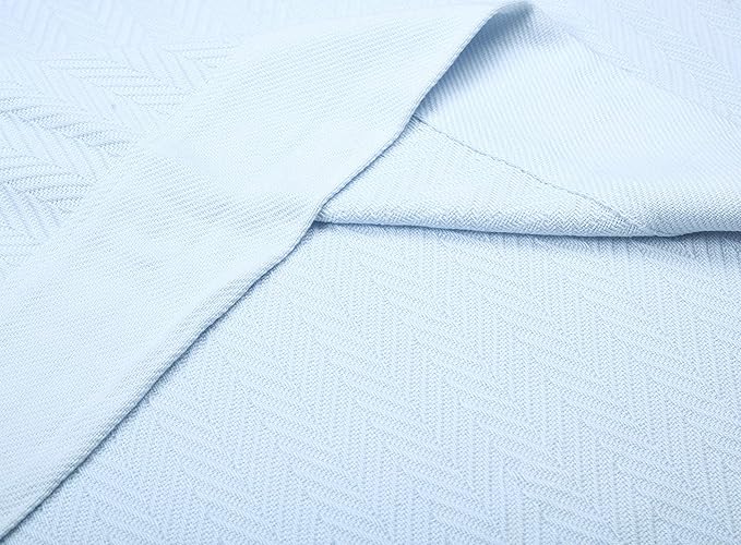 Threadmill Luxury Cotton Blankets for Twin Size Bed | All-Season 100% Cotton Twin Blanket for Bed | Herringbone, Soft & Cozy Fall Thermal Blanket, 350GSM, 68x92 inches | Light Blue