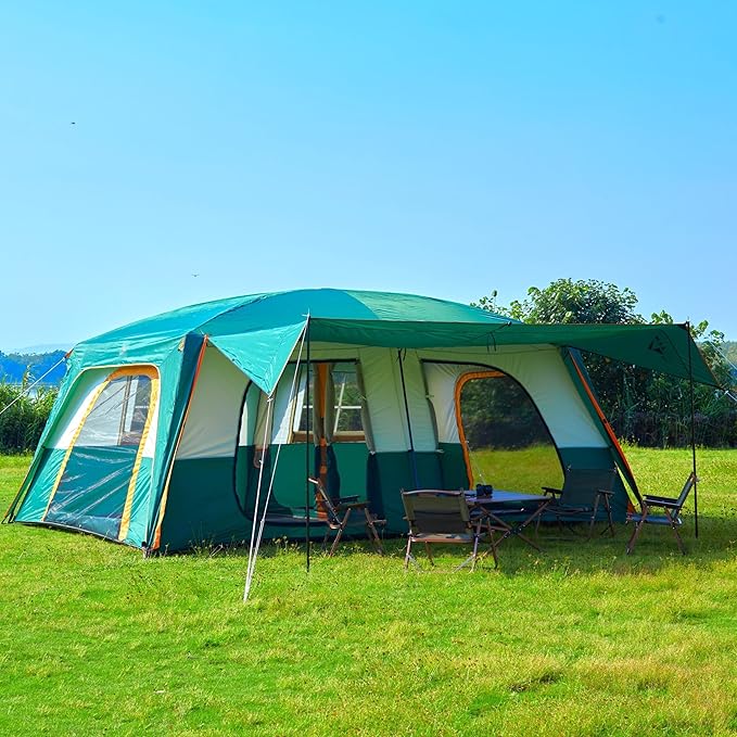 KTT Extra Large Tent 12-14 Person,Family Cabin Tents,2 Rooms,Straight Wall,2 Doors 4 Windows with Mesh,Waterproof,Straight Wall,Big Tent for Outdoor,Picnic,Camping,Gathering(Brown)