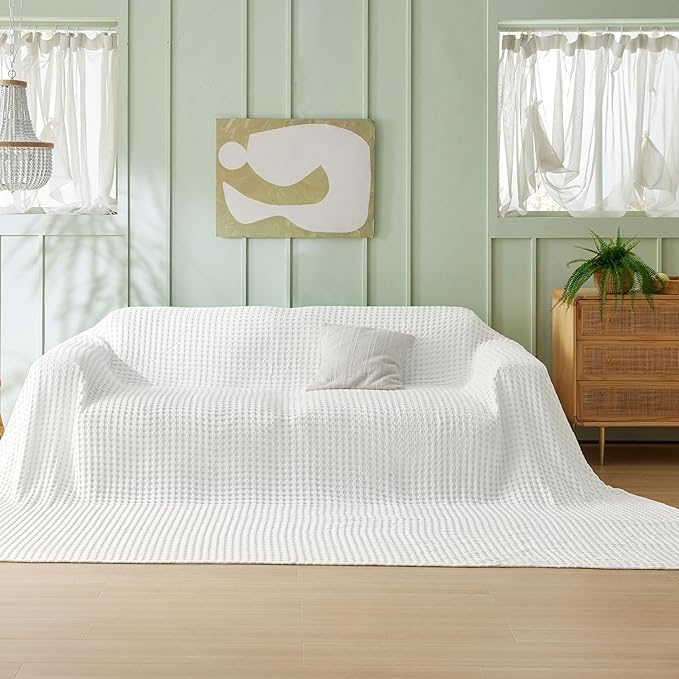 Bedsure Cooling Cotton Waffle Oversized King Blanket - Lightweight Breathable Blankets Rayon Derived from Bamboo for Hot Sleepers, Luxury Throws for Bed and Sofa, White, 120x96 Inches