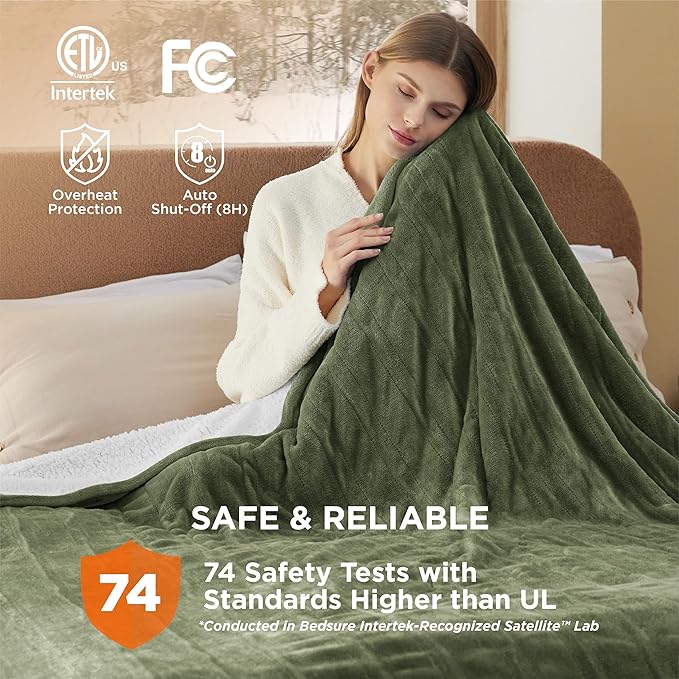 Bedsure Electric Blanket Queen Size - Dual Control Heated Blanket Queen, Fast Heating with 10 Time Settings & 10 Heat Settings, Warm Gift for Grandma (84x90 inches, Olive Green)