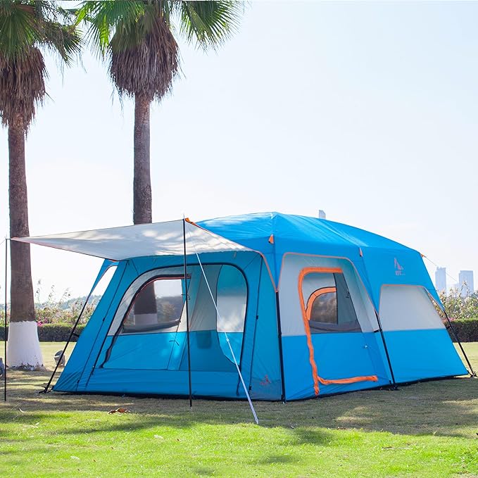 KTT Extra Large Tent 6-10-12-14 Person(Style-B),Family Cabin Tents,2 Rooms,3 Doors and 3 Windows with Mesh,Straight Wall,Waterproof,Double Layer,Big Tent for Outdoor,Picnic,Camping,Family Gathering