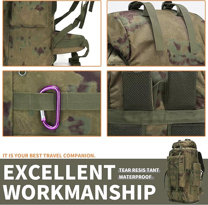 100L Hiking Camping Backpack MOLLE Rucksack Waterproof Daypack (RuinGreen)