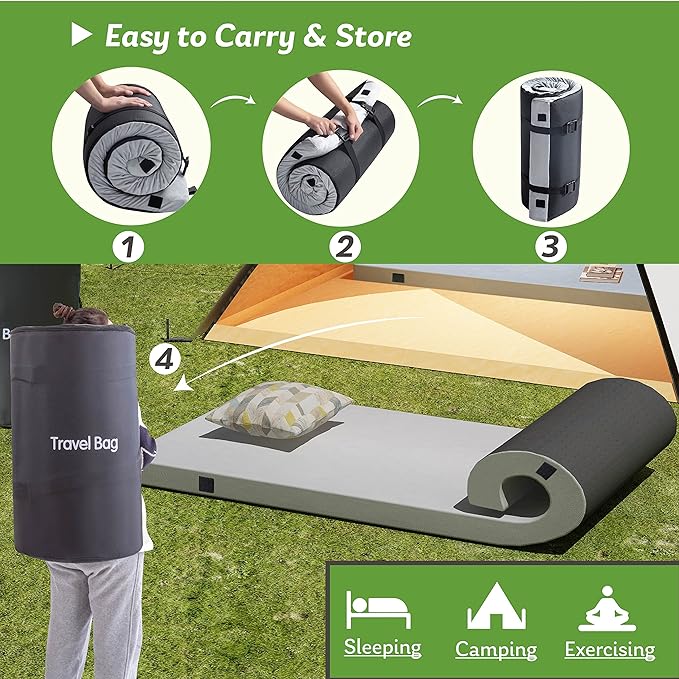 Memory Foam Camping Mattress 2.5 inch, Twin Portable Roll Up Camping Sleep Topper with Waterproof and Non-Slip Bottom, Camping Car Mat with Travel Bag, 75"×38"×2.5", Grey