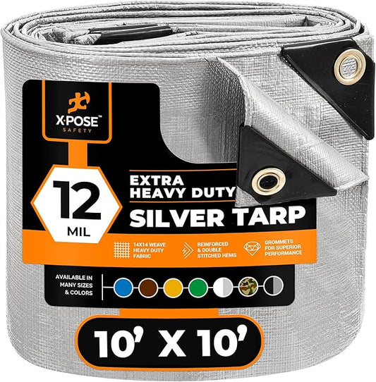 Heavy Duty Silver Poly Tarp 10' X 10' - Multipurpose Protective Cover - Durable, Waterproof, Weather Proof, Rip and Tear Resistant - Extra Thick 12 Mil Polyethylene - by Xpose Safety