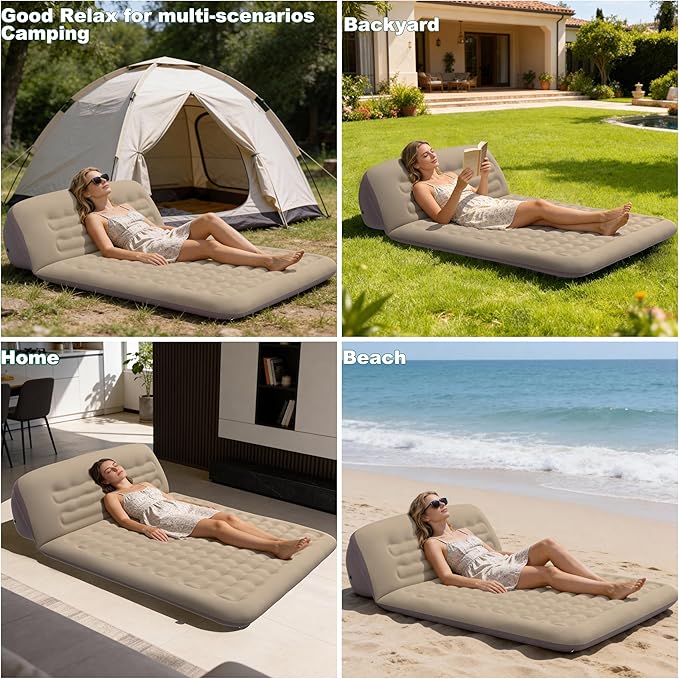 Twin Size Inflatable Air Mattress with Adjustable Backrest -2 in 1 Inflatable Mattress Portable Queen Size Double Camping Mattress for Home & Outdoor Relaxing - Queen