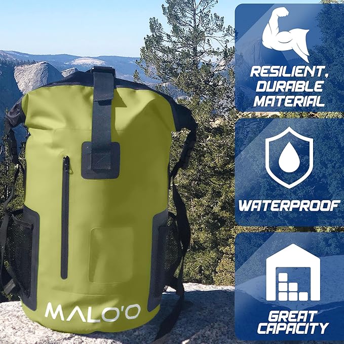 Malo’o DryPack 30L Waterproof Backpack, Roll-Top Dry Bag Backpack with Padded Straps, Floating Design for Beach, Kayaking, Fishing, Boating, Travel, and Water Sports, Dark Green