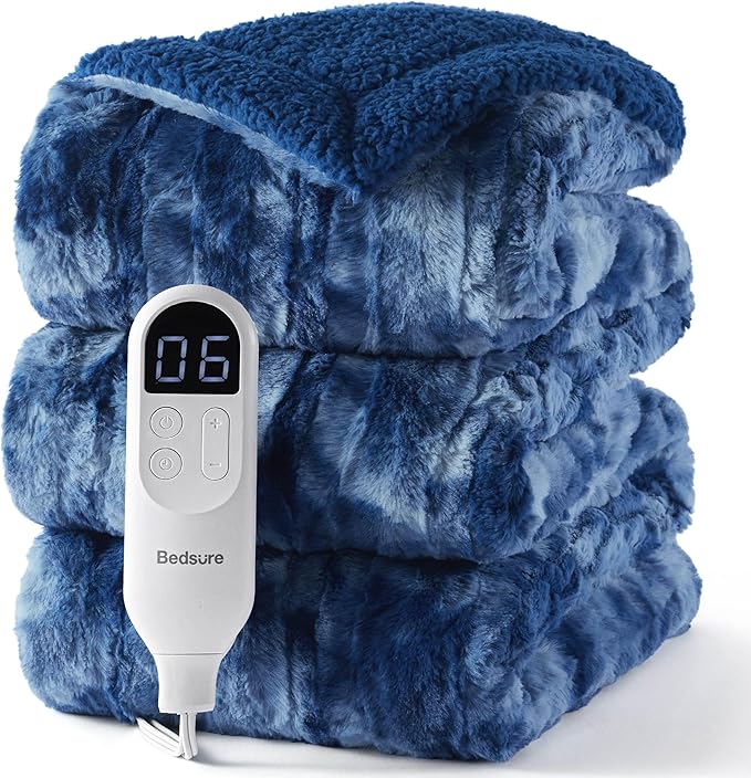 Bedsure Faux Fur Heated Blanket Twin Size, Fast Heating Electric Blanket Twin Size with 6 Heating Levels & 10 Time Settings, Cozy Gifts for Women Men (62x84 inches, Denim Blue)