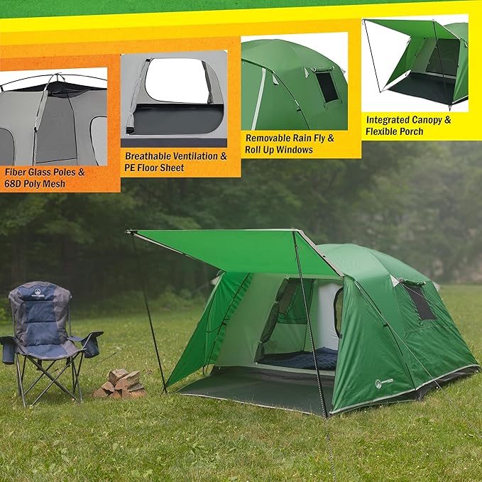 Camping Tent - Water-Resistant Cabin Style Outdoor Shelter with Built-in Screen Tent and Carrying Bag by Wakeman Outdoors