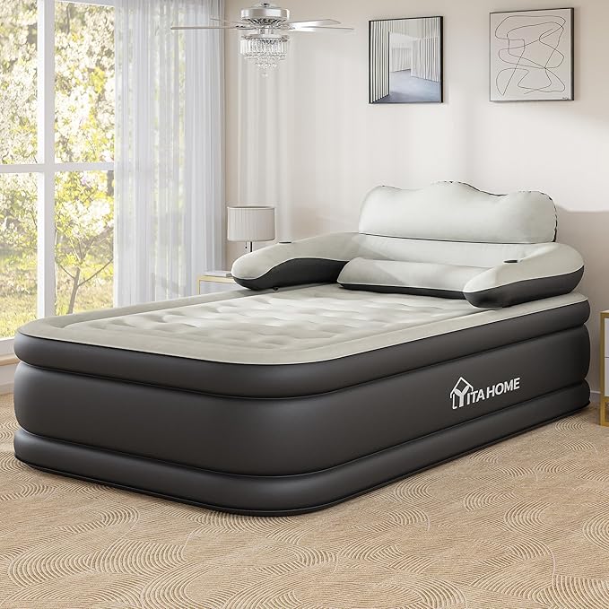 YITAHOME FullXL Size Air Mattress with Headboard, 18in Inflatable with Pillow, Blow Up Mattress with Removable Electric Pump, Comfort Air Bed Queen for Camping & Home, Black