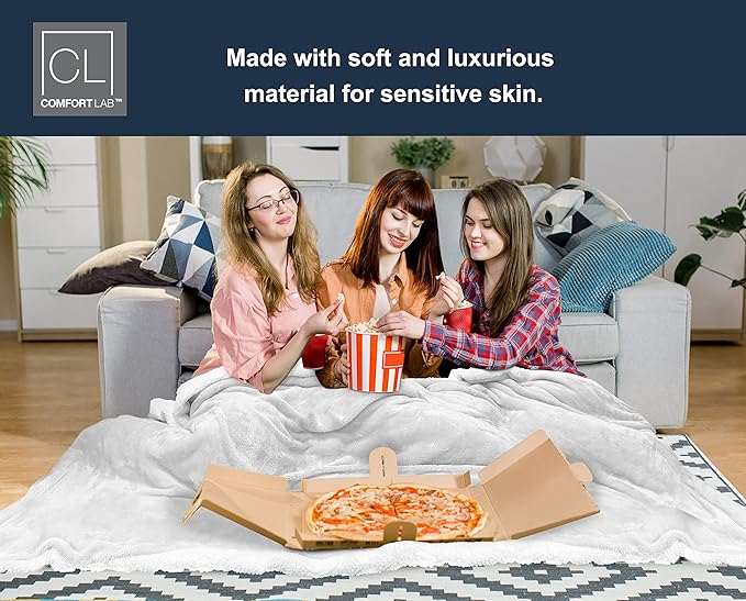 Comfort Lab Reversible Flannel Sherpa Throw Blanket - Elegant Fluffy Throw Blankets for Couch and Home Decor - Anti Pilling Non Shedding Cozy & Warm Fleece Throws - Oversize Throw (60" x 70") - White