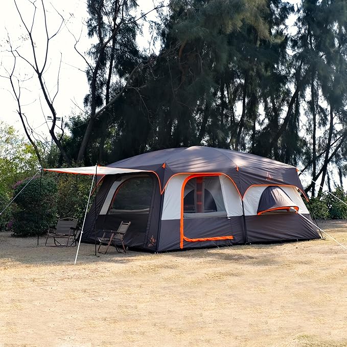 KTT Extra Large Tent 12 Person,Family Cabin Tents,Full Rainfly,2 Bay-Windows,2 Rooms and 3 Doors 3 Windows with Mesh,Waterproof,Straight Wall,Double Layer,Big Tent for Outdoor,Picnic,Camping