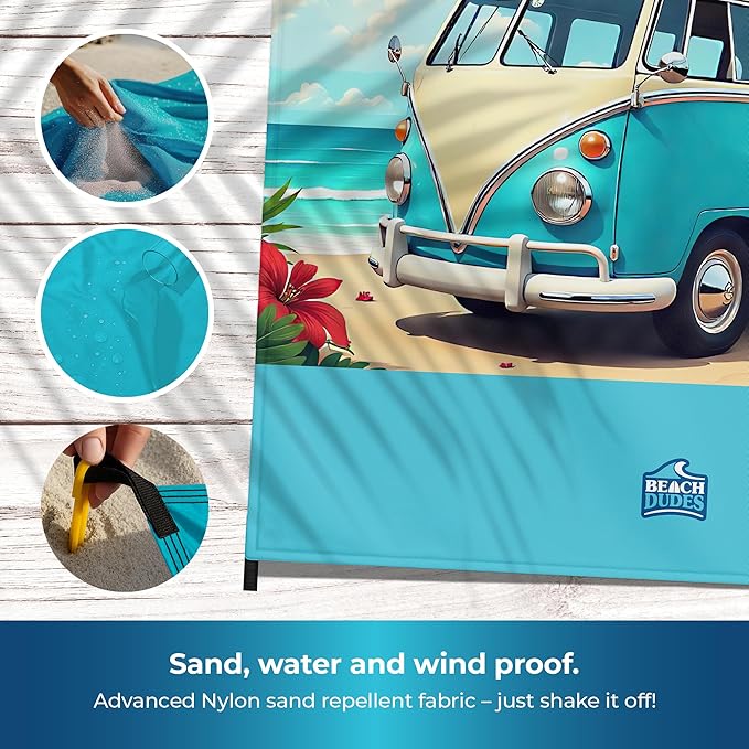 Sandproof Waterproof Beach Blanket Extra Large 108"x 84", Mat for Family, Quick Dry Ripstop Nylon Lightweight, Compact for Travel, Picnic, Camping w/ 4 Anchor Stakes and Carry Bag