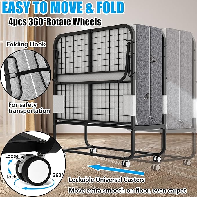 Folding Bed with Mattress 75" x 38" for Adults Twin Size Folded Rollaway Guest Portable Foldable Extra Fold up Bed with 5-Inch Memory Foam Mattress Space-Saving Sturdy Metal Frame