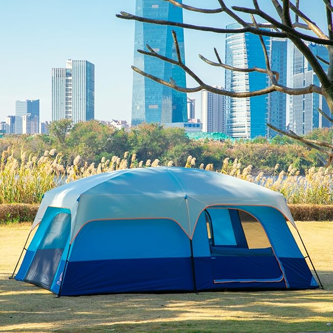 KTT Extra Large Tent 6-10-12-14 Person(B),Family Cabin Tents,2 Rooms,3 Doors and 3 Windows with Mesh,Straight Wall,Waterproof,Double Layer,Big Tent for Outdoor,Picnic,Camping,Family Gathering