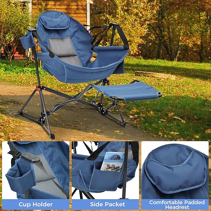 Ainfox Hammock Camping Chair with Footrest, Heavy Duty Foldable Portable Rocking Hammock Chairs Outside Swinging Camp with Cup Holder Pillow for Outdoor Patio Poolside Dark Blue 2 Pack