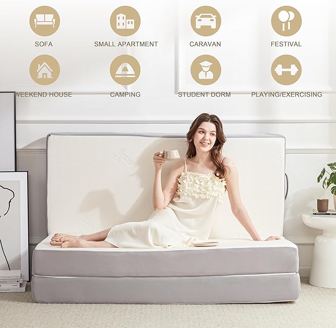 Folding Mattress, 6 Inch Memory Foam Tri-fold Mattress with Breathable & Washable Bamboo Fiber Fabric Cover, Foldable Floor Guest Bed for Camping, Road Trip, Full