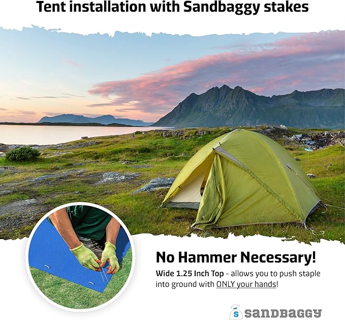 Sandbaggy 12-Inch Tent Stakes - Sharp Pegs for Pushing Through Hard Soil ~ Great for Camping, Canopies and Tarps