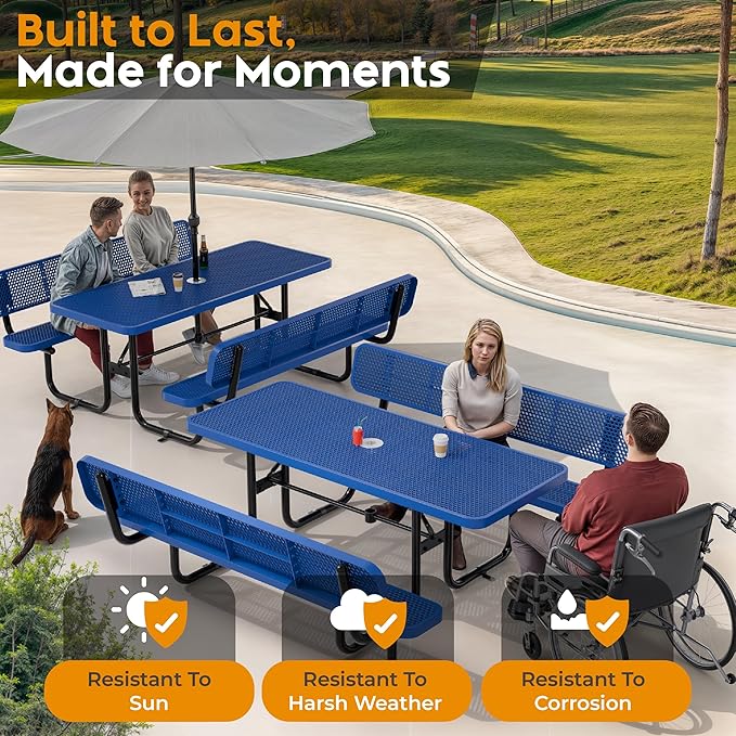 Metal Picnic Furniture for Outdoors with Umbrella Hole - Coated Steel Heavy Duty Commercial Grade Table with Adjustable Seats, Patio Set for a Lifetime (Blue, 6' Rectangular with Back)